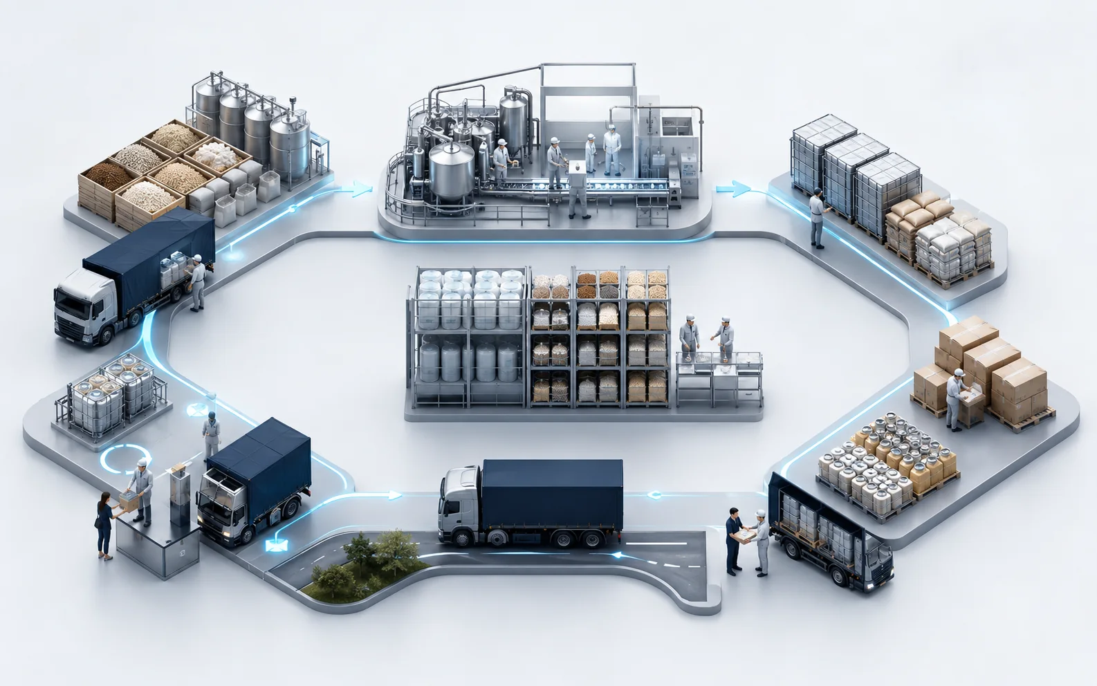 Ilustração conceitual de materiais percorrendo produção, estoque, distribuição e retorno